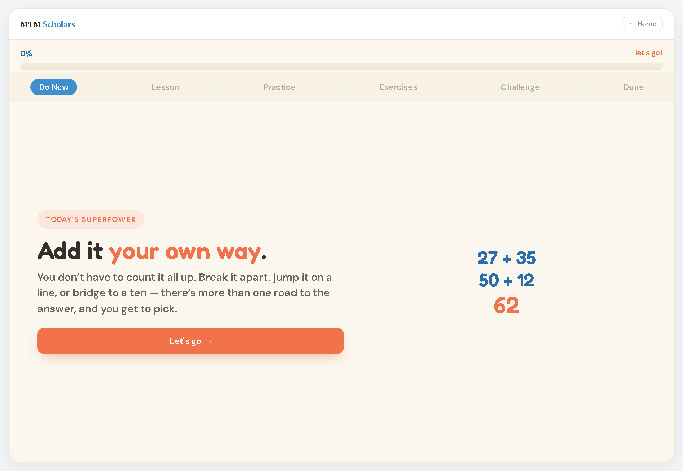 An MTM Scholars lesson screen